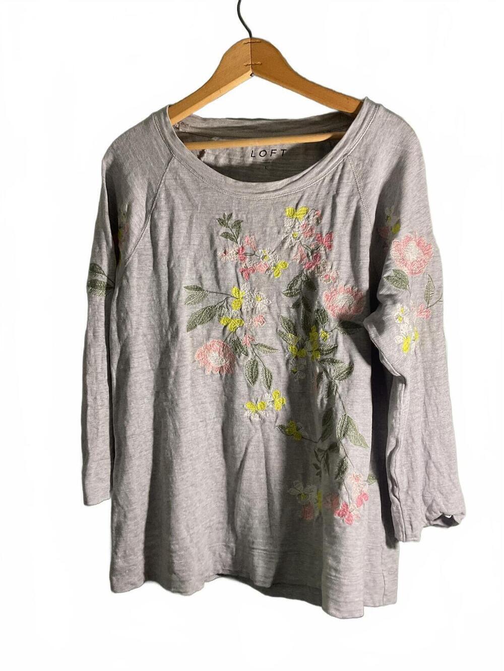 LOFT Gray Floral Embroidered Long Sleeve Top Size L